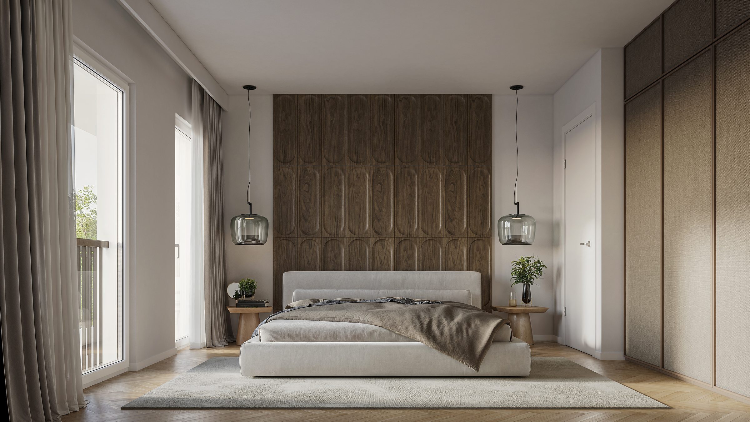 Ruhiges Schlafzimmer mit Holzpaneel und Einbauschrank, RHINEVIEW Köln-Rodenkirchen