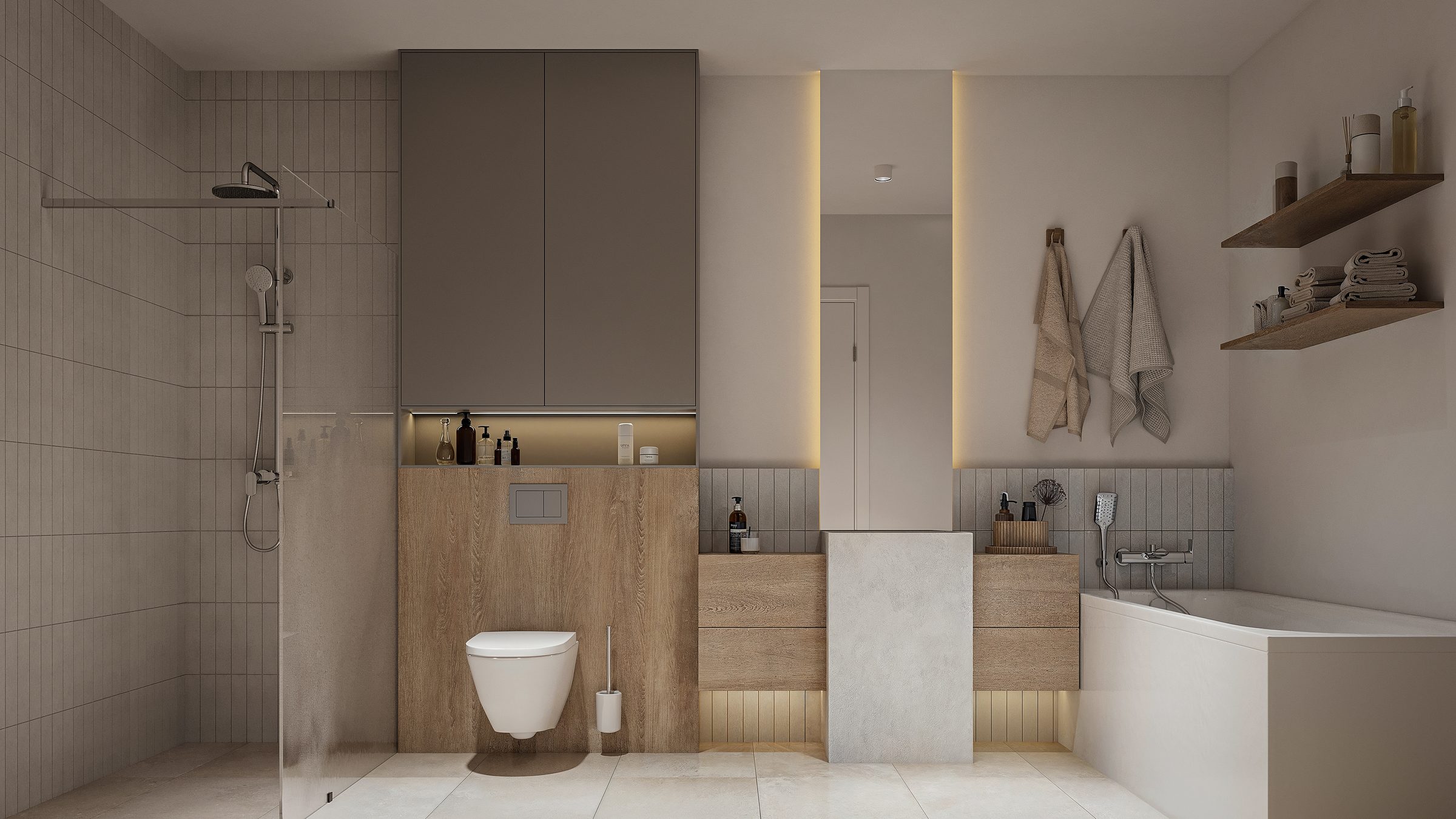 Bad mit bodengleicher Dusche, Badewanne und Holz-Waschtisch, RHINEVIEW Köln-Rodenkirchen